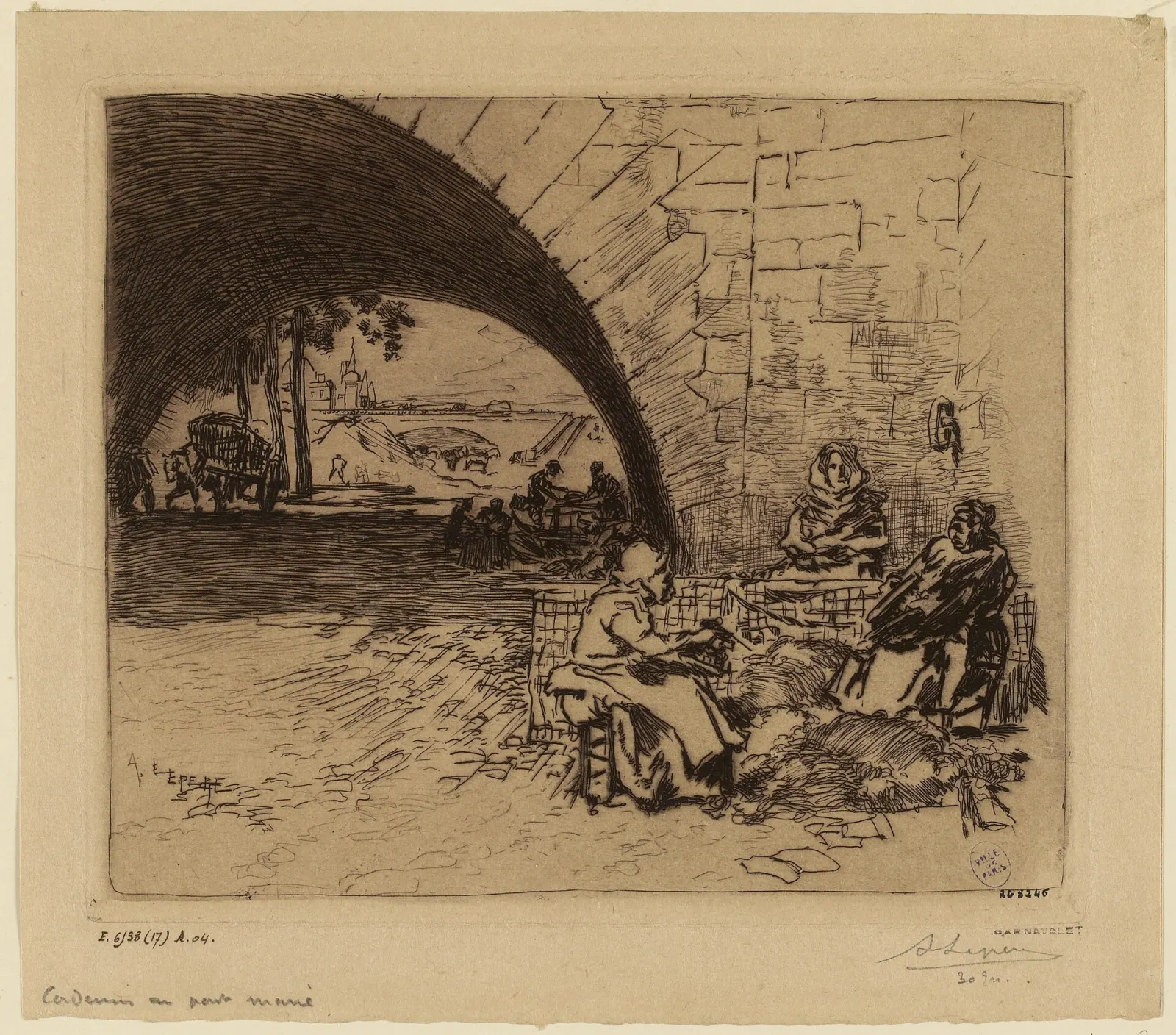 Eau-forte : cardeuses de matelas au bord de la Seine, au pont Marie, en 1891